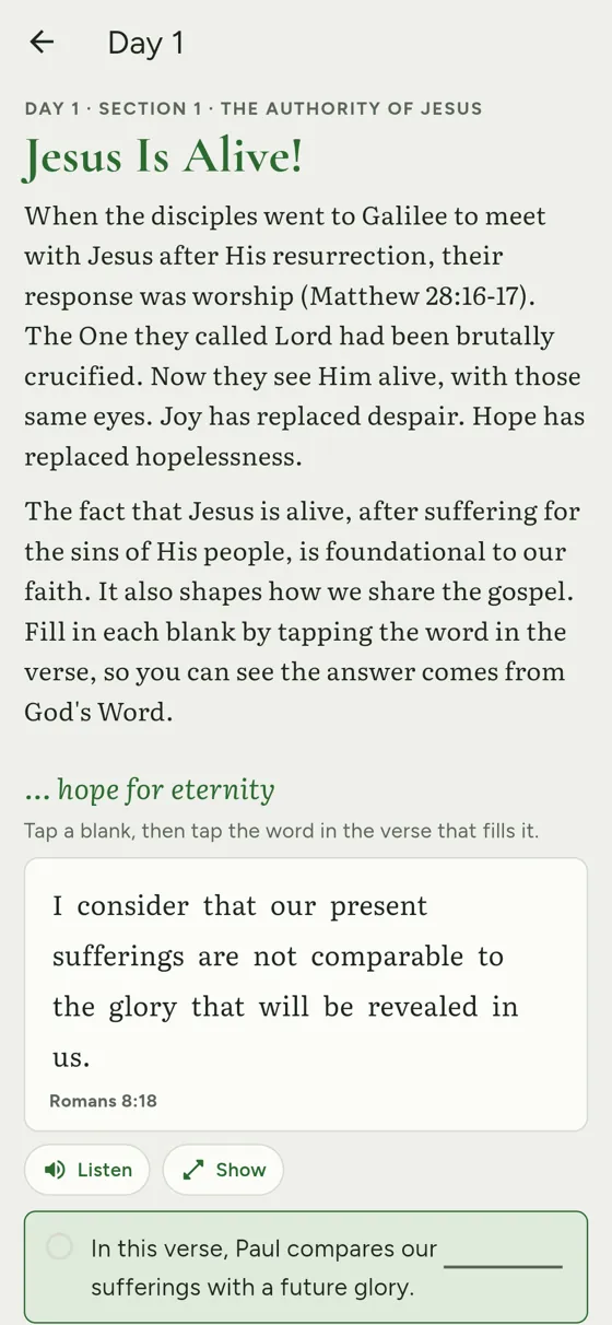 Day 1 of the study, where the reader taps the word in the verse to fill each blank