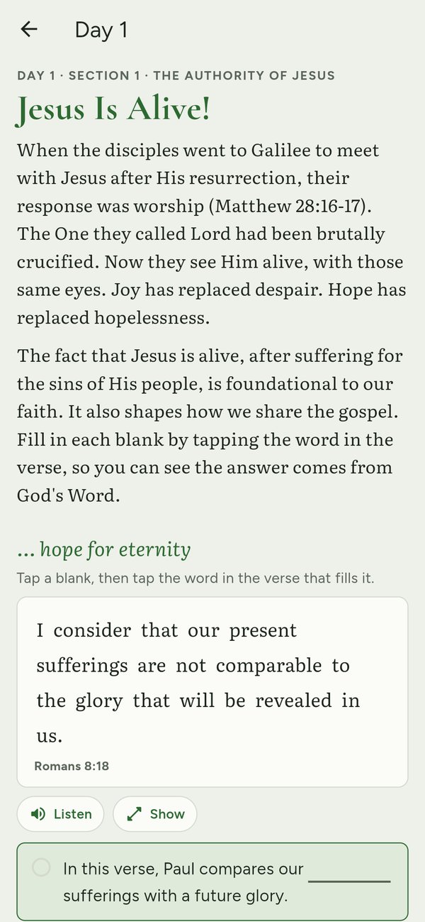 A Matthew‌ 28 Project study day: tap the word in the verse to fill each blank