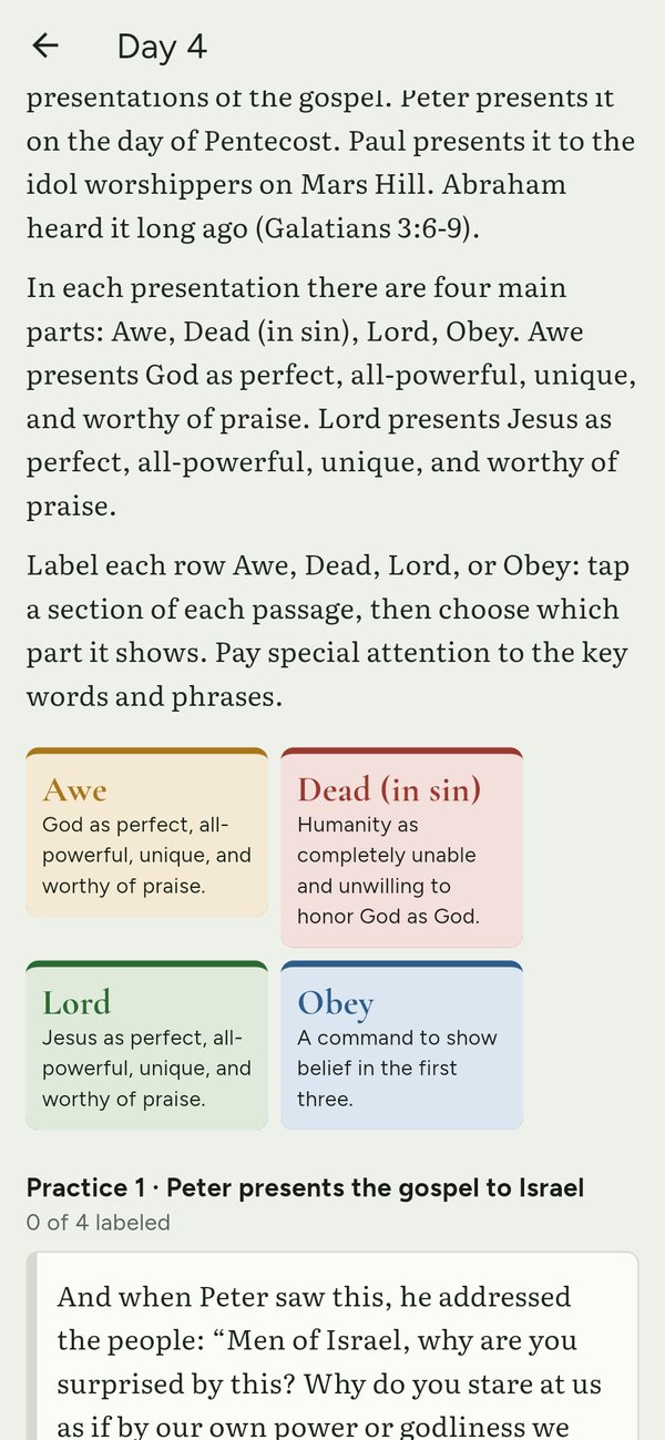 Labeling the four parts of the gospel in a Bible passage: Awe, Dead, Lord, Obey