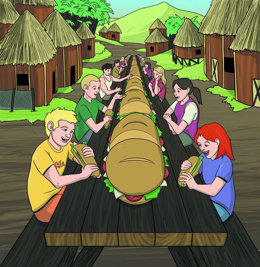 Henry and Kate find a huge sandwich stretching across their village